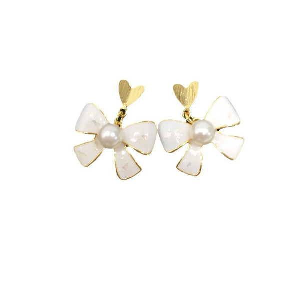 Women's Natural Freshwater Pearl S925 Sterling Silver Heart Bow Earrings 18K Goldfilled