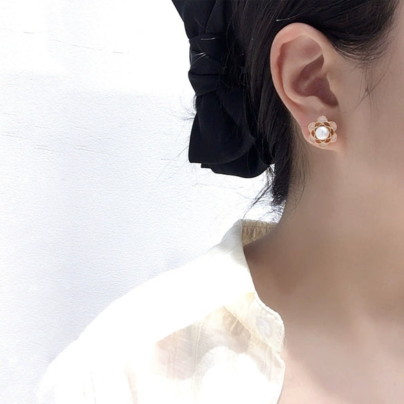 Women's Natural Freshwater Pearl S925 Sterling Silver Hollow Pink Flower Earrings