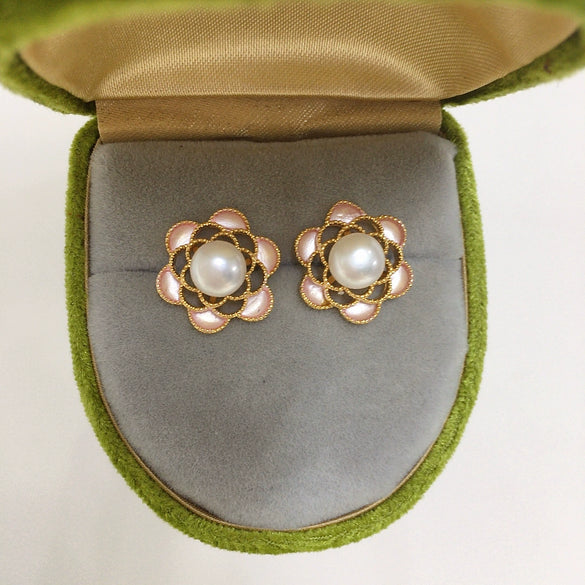 Women's Natural Freshwater Pearl S925 Sterling Silver Hollow Pink Flower Earrings