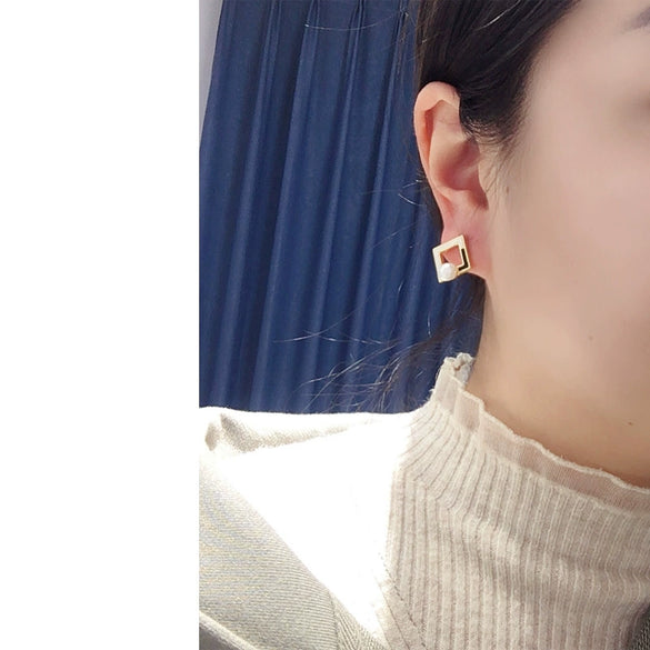 Women's Natural Freshwater Pearl S925 Sterling Silver 18K Goldfilled Square Geometric Earrings