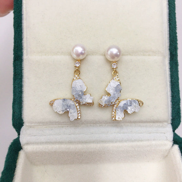 Women's Natural Freshwater Pearl Sterling Silver Oblate Butterfly Earrings