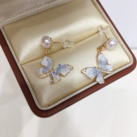 Women's Natural Freshwater Pearl Sterling Silver Oblate Butterfly Earrings