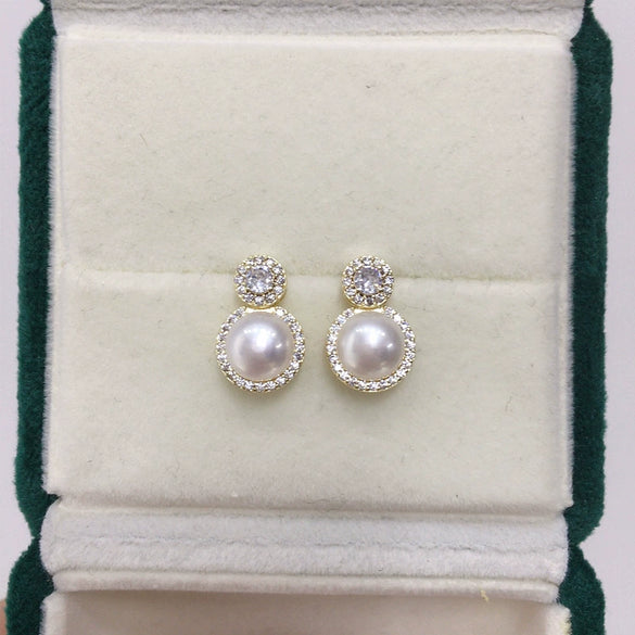 Women's Natural Freshwater Pearl Stud Earrings S925 Sterling Silver 18K Gold Flat Round And Oblate Shape