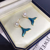 Women's Natural Freshwater Pearl Stud Earrings With Iridescent Fishtail Blue Whale Tail Design Alloy Inlaid With Artificial And Semiprecious Stones Oblate Shape