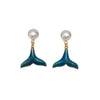 Women's Natural Freshwater Pearl Stud Earrings With Iridescent Fishtail Blue Whale Tail Design Alloy Inlaid With Artificial And Semiprecious Stones Oblate Shape