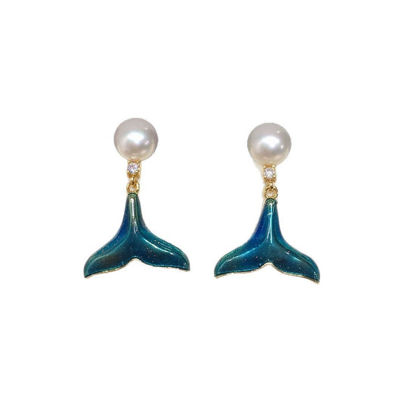 Women's Natural Freshwater Pearl Stud Earrings With Iridescent Fishtail Blue Whale Tail Design Alloy Inlaid With Artificial And Semiprecious Stones Oblate Shape