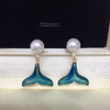 Women's Natural Freshwater Pearl Stud Earrings With Iridescent Fishtail Blue Whale Tail Design Alloy Inlaid With Artificial And Semiprecious Stones Oblate Shape