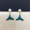 Women's Natural Freshwater Pearl Stud Earrings With Iridescent Fishtail Blue Whale Tail Design Alloy Inlaid With Artificial And Semiprecious Stones Oblate Shape