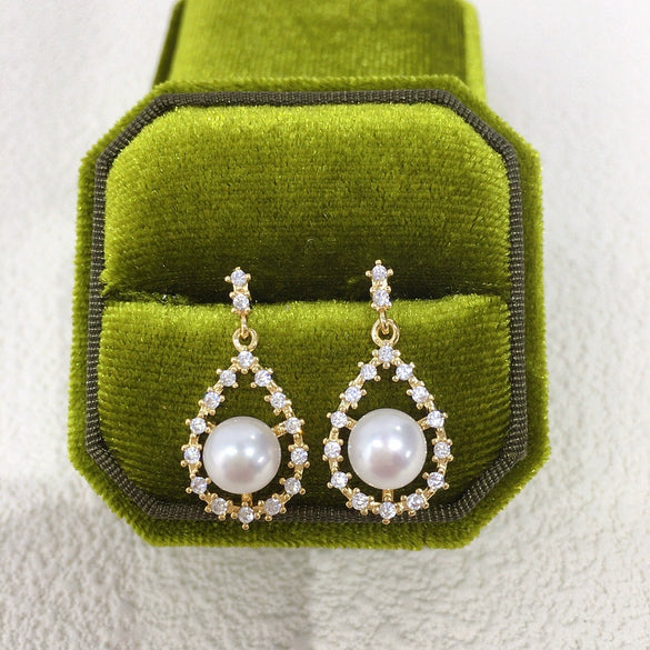 Women's Natural Freshwater Pearl Zircon Drop Earrings With 18K Gold Color Preservation Oblate Shape