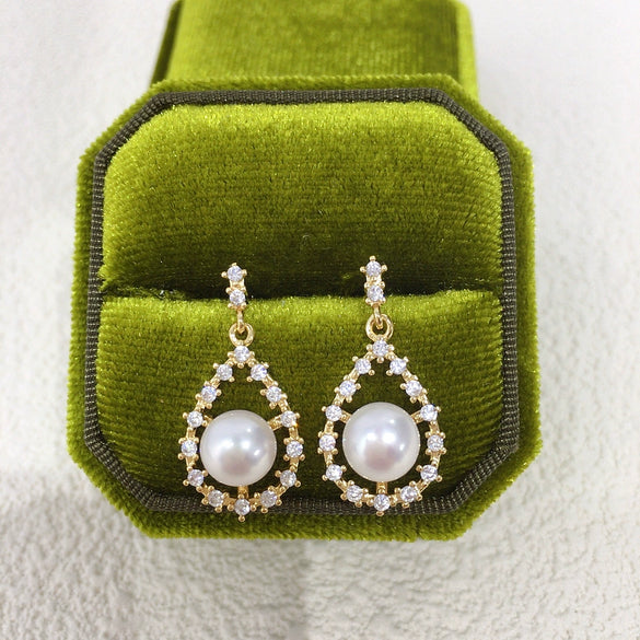 Women's Natural Freshwater Pearl Zircon Drop Earrings With 18K Gold Color Preservation Oblate Shape