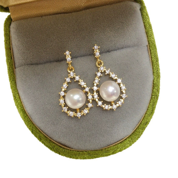 Women's Natural Freshwater Pearl Zircon Drop Earrings With 18K Gold Color Preservation Oblate Shape