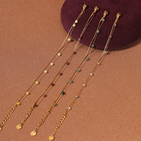 Women's Natural Garnet Beaded Double Layer Titanium Steel And 18K Gold Electroplated Geometric Fashion Bracelet