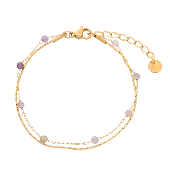 Women's Natural Garnet Beaded Double Layer Titanium Steel And 18K Gold Electroplated Geometric Fashion Bracelet