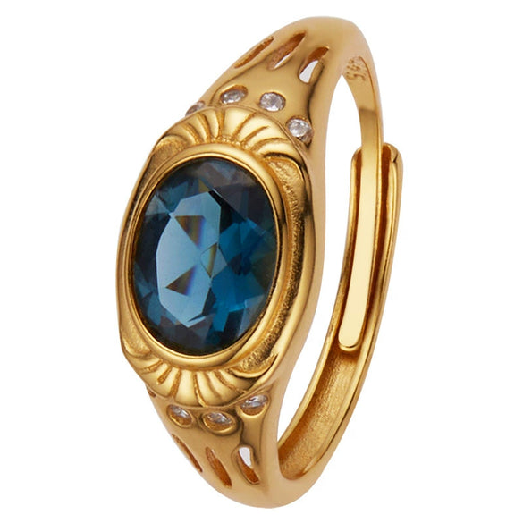 Women's Natural Gemstone London Blue Topaz Ring S925 Sterling Silver Geometric Style Set With Gemstones