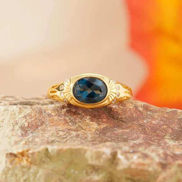 Women's Natural Gemstone London Blue Topaz Ring S925 Sterling Silver Geometric Style Set With Gemstones