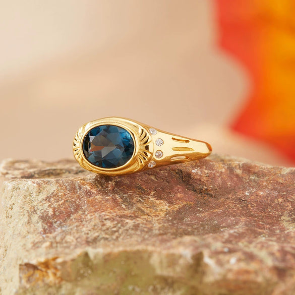 Women's Natural Gemstone London Blue Topaz Ring S925 Sterling Silver Geometric Style Set With Gemstones