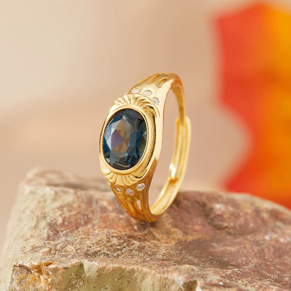 Women's Natural Gemstone London Blue Topaz Ring S925 Sterling Silver Geometric Style Set With Gemstones