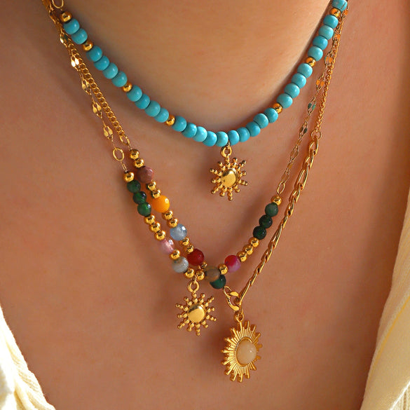 Women's Natural Geometric Stainless Steel And Titanium Steel Beaded Sun Necklace With Electroplating
