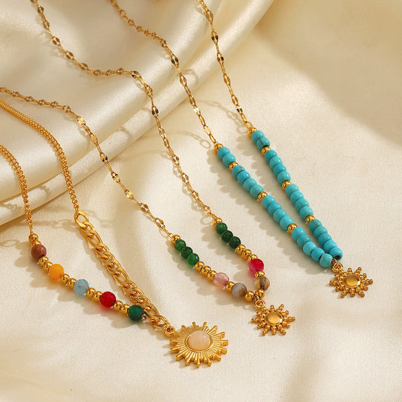 Women's Natural Geometric Stainless Steel And Titanium Steel Beaded Sun Necklace With Electroplating