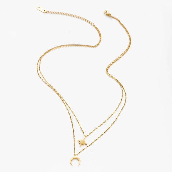 Women's Natural Geometry Style Electroplated Stainless Steel Star And Moon Double Layer Overlapping Clavicle Chain Necklace For Decoration