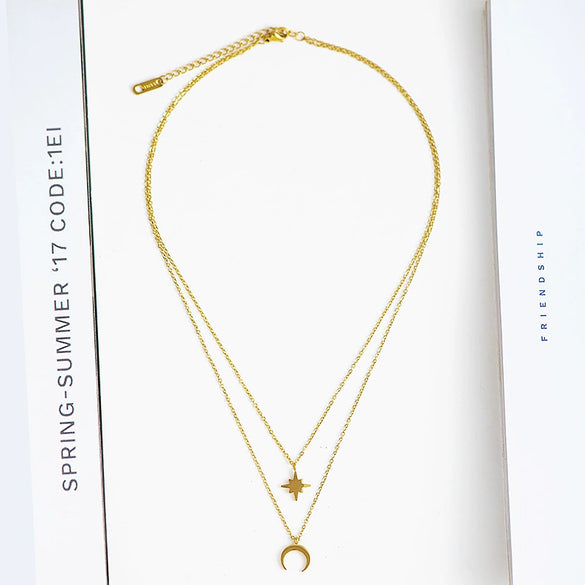 Women's Natural Geometry Style Electroplated Stainless Steel Star And Moon Double Layer Overlapping Clavicle Chain Necklace For Decoration