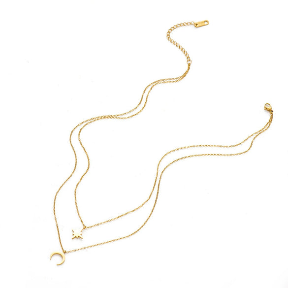 Women's Natural Geometry Style Electroplated Stainless Steel Star And Moon Double Layer Overlapping Clavicle Chain Necklace For Decoration