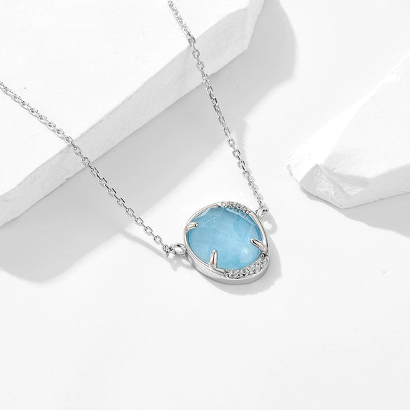 Women's Natural Haibao Sapphire Pendant Sterling Silver Necklace Oval Eggshaped Geometric Style