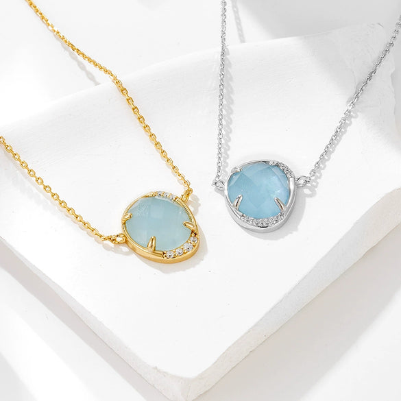 Women's Natural Haibao Sapphire Pendant Sterling Silver Necklace Oval Eggshaped Geometric Style