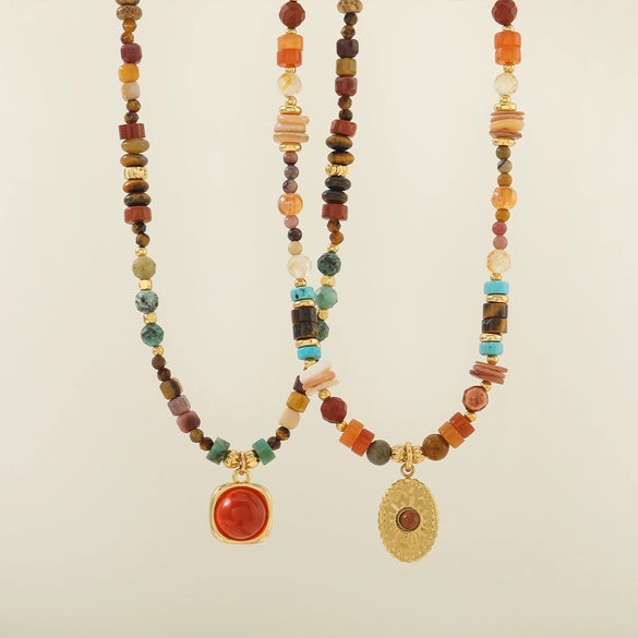 Women's Natural Mixed Stone Beaded Necklace Tiger Eye Shell Egg Yolk Stone Optimized Blue Pine Stainless Steel Copper Pendant Geometric Pattern Handmade