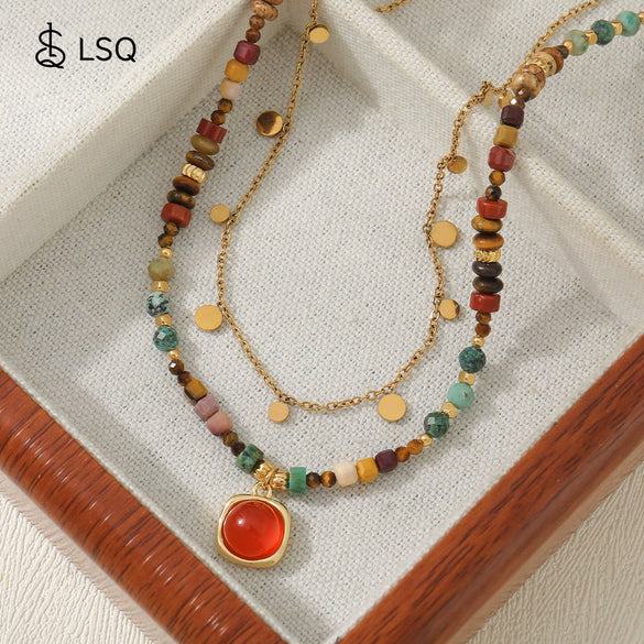 Women's Natural Mixed Stone Beaded Necklace Tiger Eye Shell Egg Yolk Stone Optimized Blue Pine Stainless Steel Copper Pendant Geometric Pattern Handmade