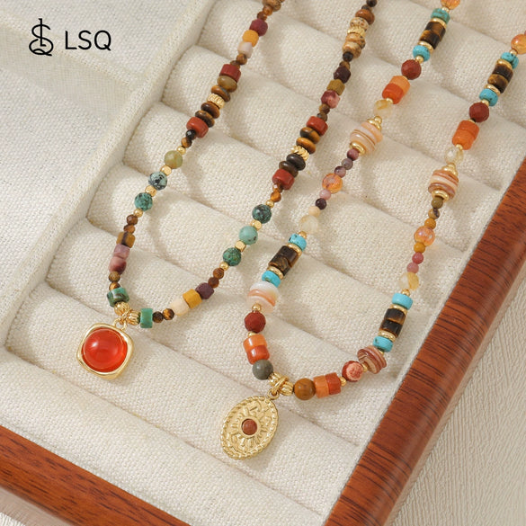 Women's Natural Mixed Stone Beaded Necklace Tiger Eye Shell Egg Yolk Stone Optimized Blue Pine Stainless Steel Copper Pendant Geometric Pattern Handmade