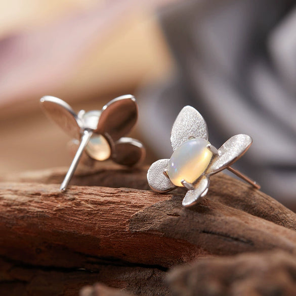 Women's Natural Opal Colored Gemstone Stud Earrings S925 Sterling Silver Animal Style Brushed