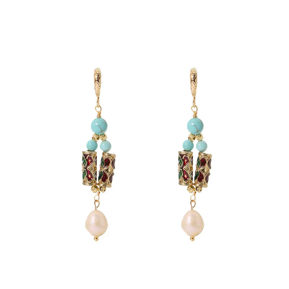 Women's Natural Pearl Antique Vintage Handmade Earrings With Geometric Pattern And Electroplating