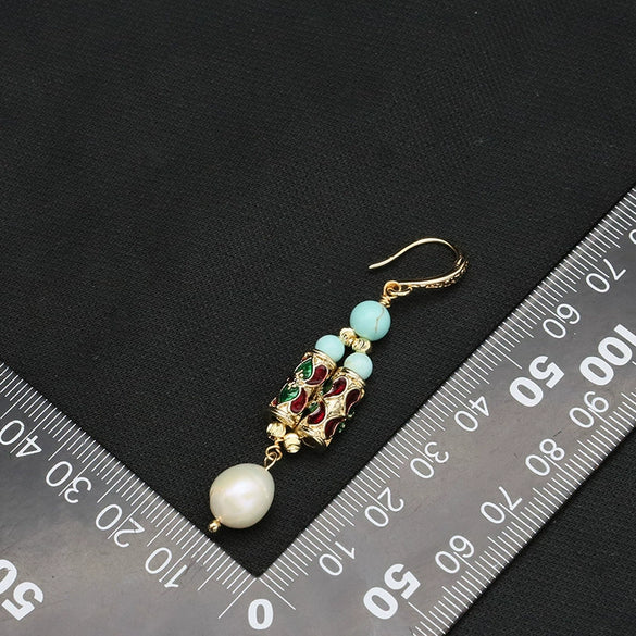 Women's Natural Pearl Antique Vintage Handmade Earrings With Geometric Pattern And Electroplating