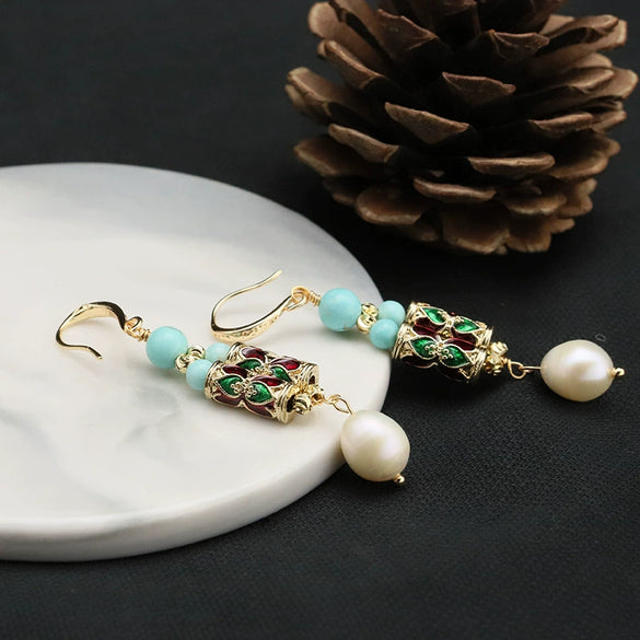 Women's Natural Pearl Antique Vintage Handmade Earrings With Geometric Pattern And Electroplating
