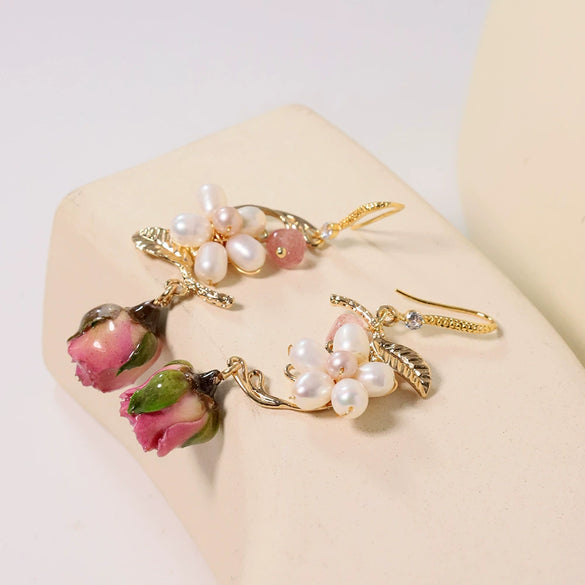 Women's Natural Pearl Flower Titanium Steel Geometric Electroplated Earrings