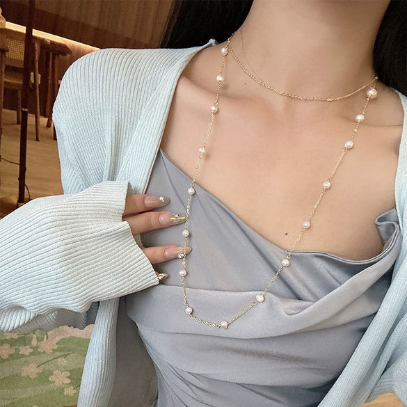 Women's Natural Pearl Geometric Bamboo Chain Elegant Sweater Chain Necklace Jewelry