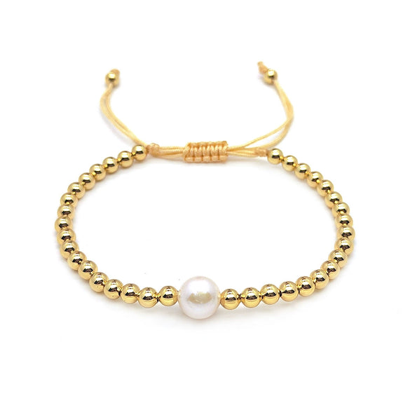 Women's Natural Pearl Geometric Beaded Handwoven Copper Goldplated Bracelet