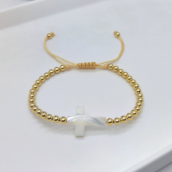 Women's Natural Pearl Geometric Beaded Handwoven Copper Goldplated Bracelet