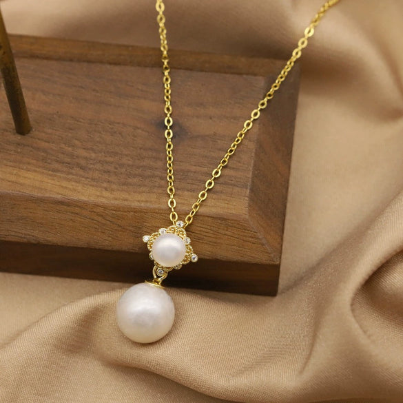 Women's Natural Pearl Necklace In 925 Sterling Silver With Geometric Rhombus Pendant Retro Electroplated Clavicle Chain