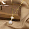 Women's Natural Pearl Necklace In 925 Sterling Silver With Geometric Rhombus Pendant Retro Electroplated Clavicle Chain
