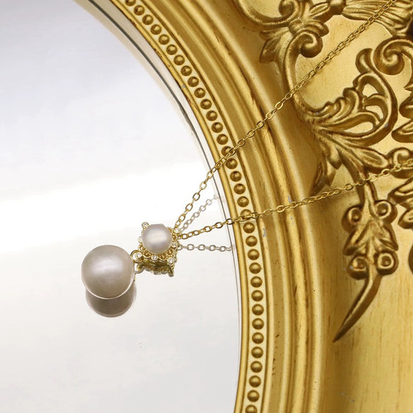 Women's Natural Pearl Necklace In 925 Sterling Silver With Geometric Rhombus Pendant Retro Electroplated Clavicle Chain