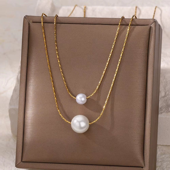 Women's Natural Pearl Pendant Necklace Titanium Steel Light Luxury Minimalist Round Snake Chain