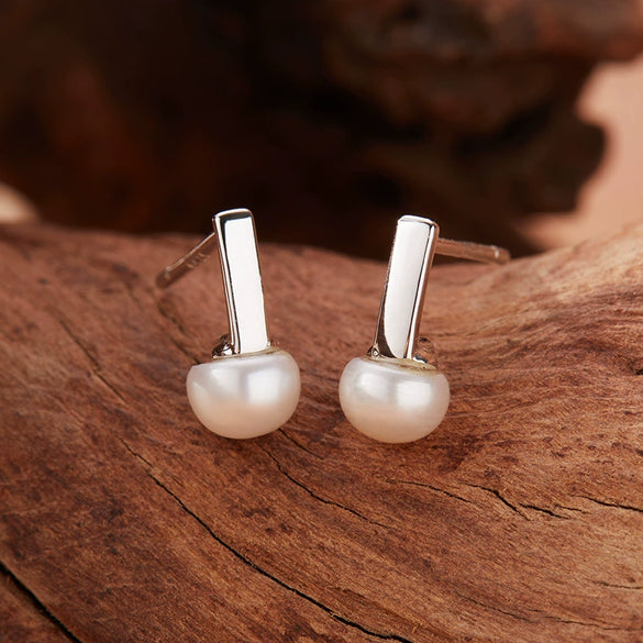 Women's Natural Pearl Stud Earrings S925 Sterling Silver Geometric Inlaid With Pearls