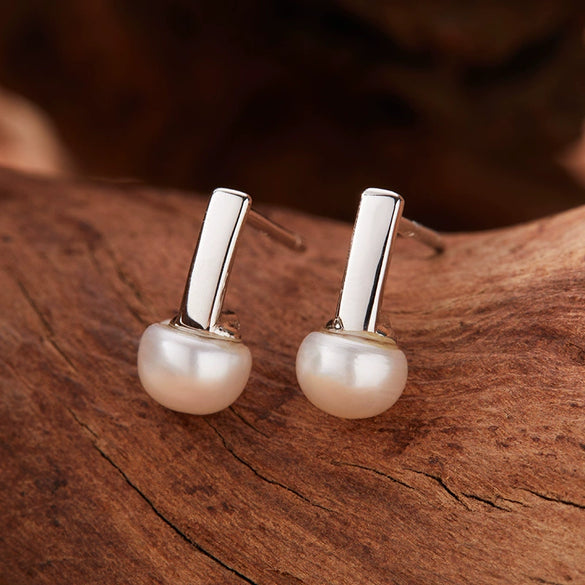 Women's Natural Pearl Stud Earrings S925 Sterling Silver Geometric Inlaid With Pearls