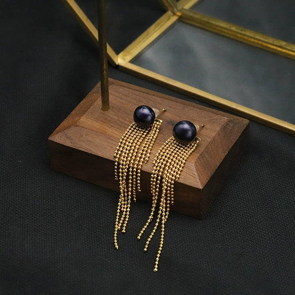 Women's Natural Pearl Tassel Dualpurpose Earrings Retro Luxury Colorpreserving Electroplating Geometric Design