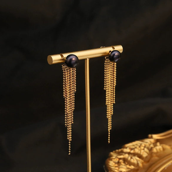 Women's Natural Pearl Tassel Dualpurpose Earrings Retro Luxury Colorpreserving Electroplating Geometric Design