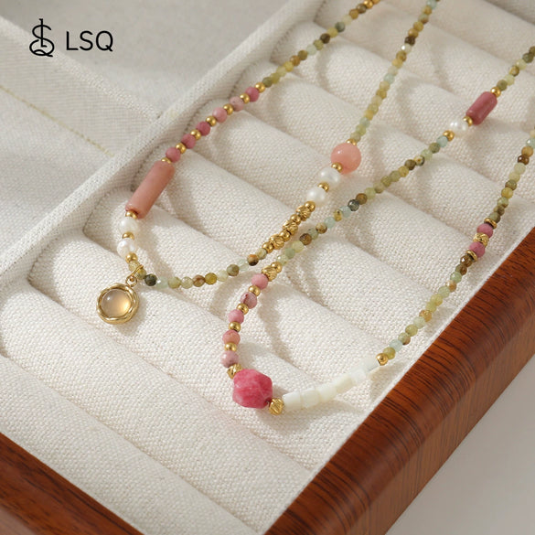 Women's Natural Redstone And Freshwater Pearl Stainless Steel Beaded Necklace Handmade Geometric Design Jewelry