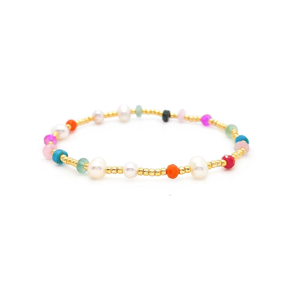 Women's Natural Retro Style Handwoven Glass And Glaze Beaded Bracelet With Geometric Pattern And Colorful Natural Pearl Gravel