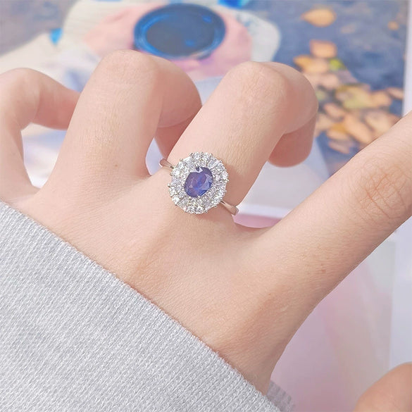 Women's Natural Sapphire Gemstone Ring In S925 Sterling Silver Geometric Style Set With Gemstones
